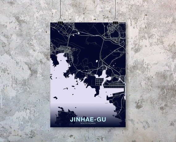 Jinhaegu South Korea Night Blue Poster Color Hometown City Print Modern Home Decor Office Decoration Wall Art Dorm Bedroom Gift