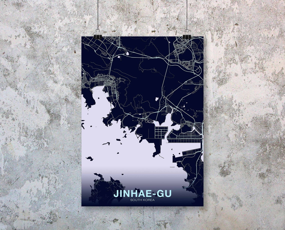 Jinhae Gu South Korea Night Blue Coastal District Map Art Poster