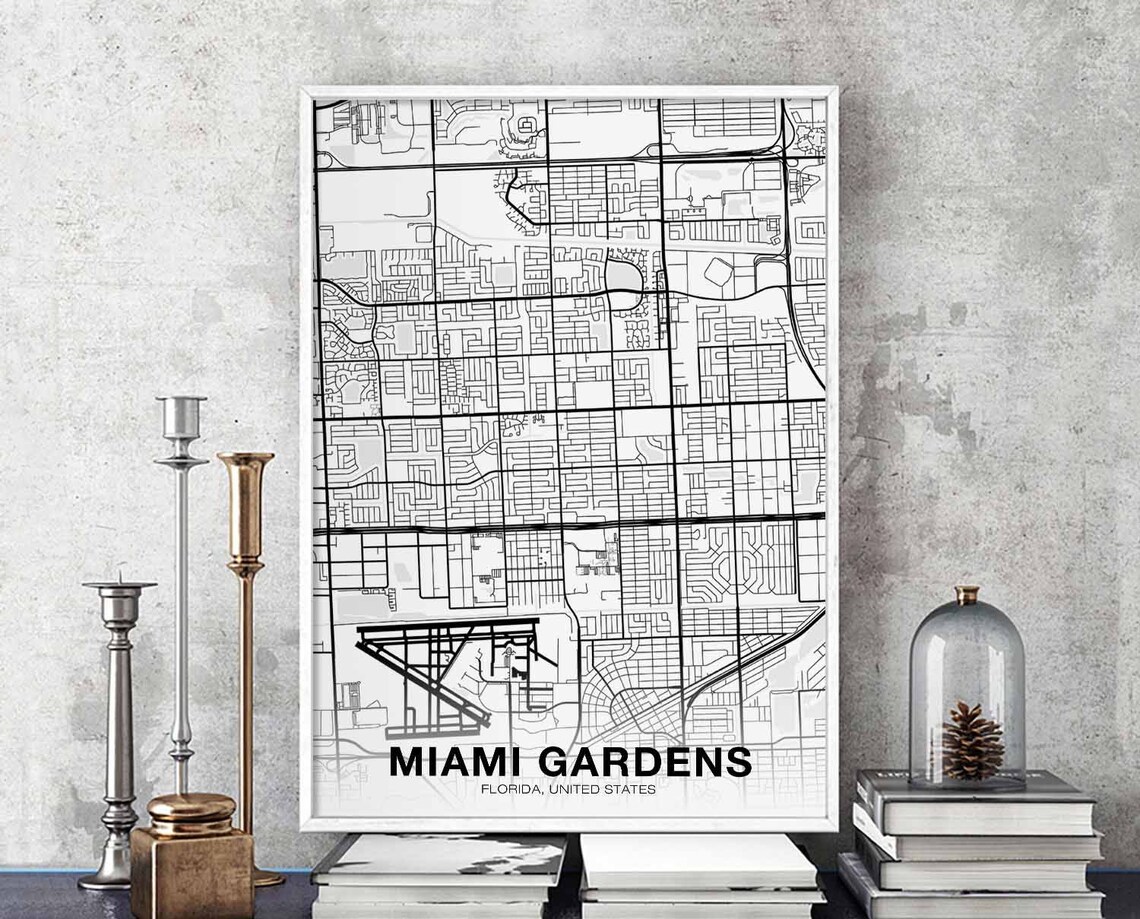 Miami Gardens Florida White Street Map City Hometown Art Poster