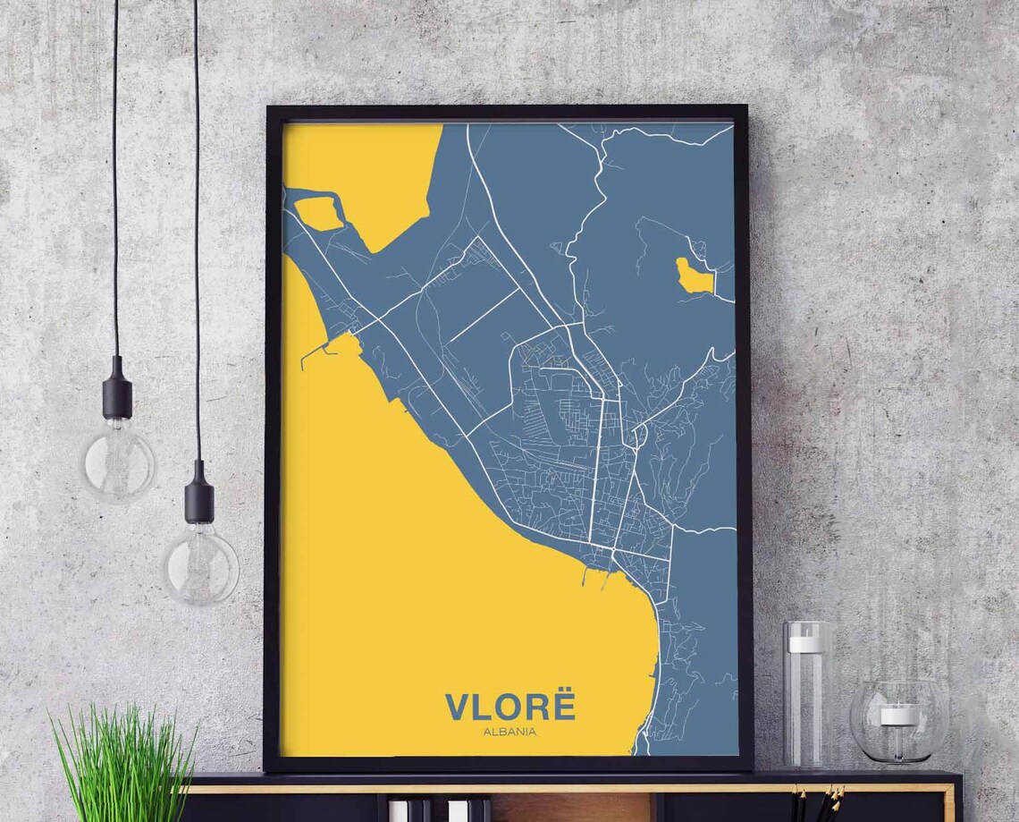 Vlore Albania Vibrant Yellow Blue Modern City Street Map Poster
