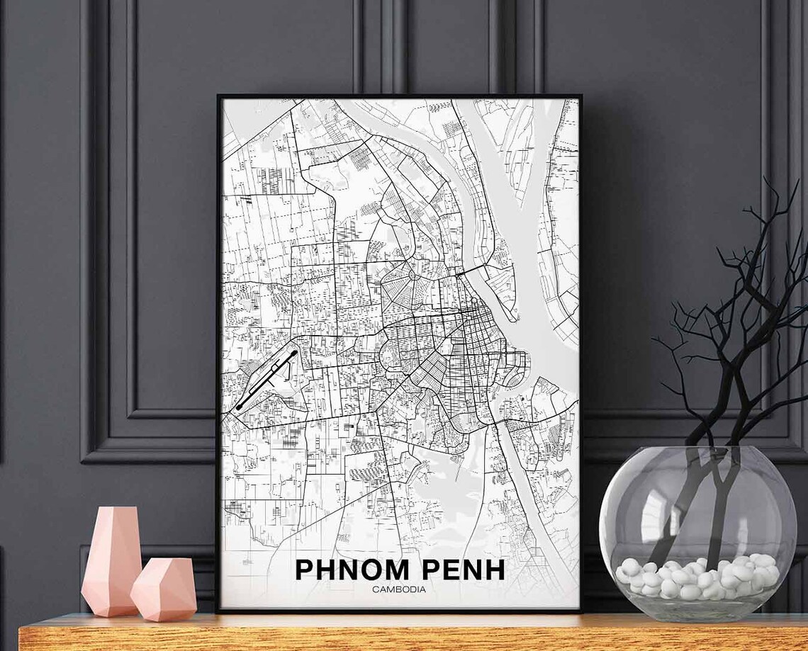 Phnom Penh Cambodia Black and White City Map Poster Wall Decor