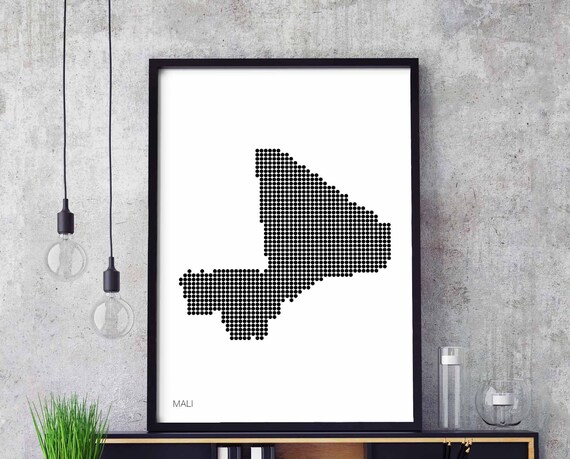 Mali Minimal Dots Retro Map Poster Black White Wall Decor Design Modern Swiss Scandinavian Nordic Housewarming Travel