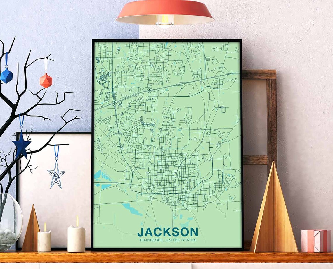 Jackson Tennessee Hometown Street Map Mint Green City Wall Art