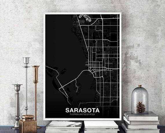 Sarasota Florida Fl Usa Map Poster Black White Hometown City Print Modern Home Decor Office Decoration Wall Art Dorm Bedroom Gift