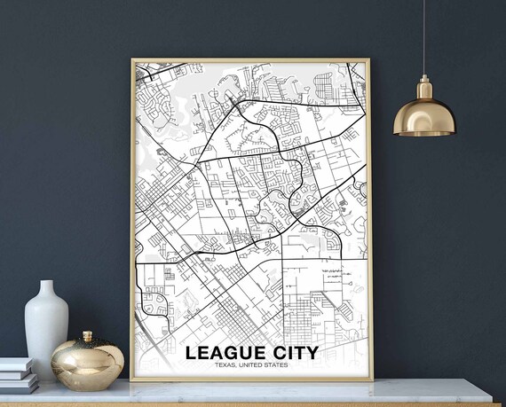 League City Texas Tx Usa Map Poster Black White Hometown Print Modern Home Decor Office Decoration Wall Art Dorm Bedroom Gift