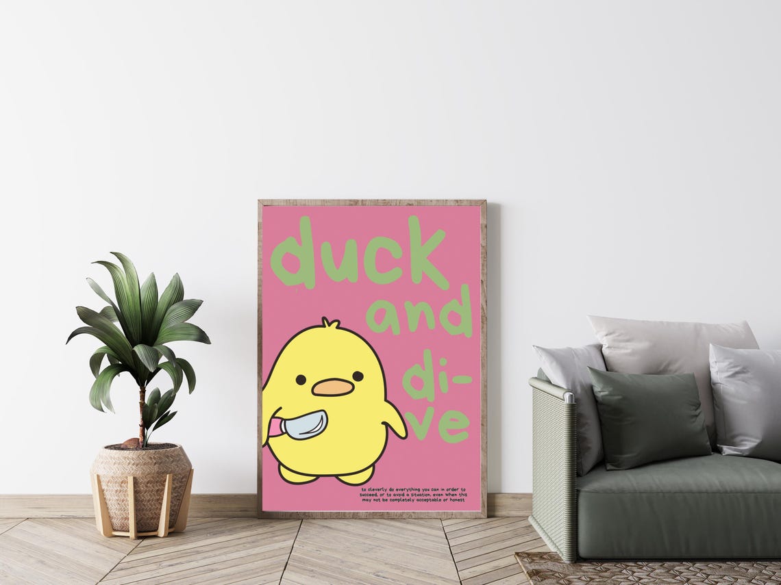 Duck And Dive Cute Duckling Dictionary Definition Pink Poster - Image 2
