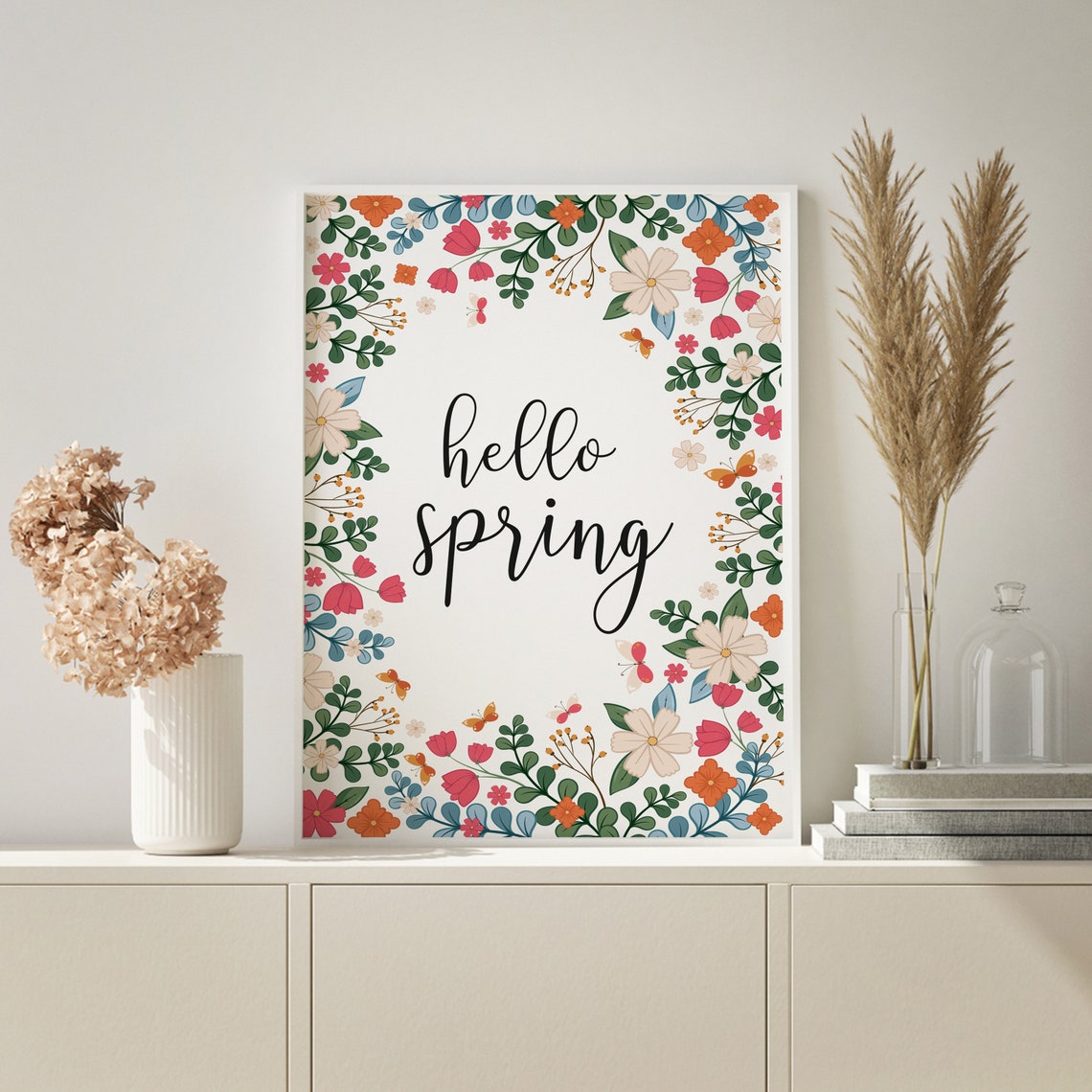 Hello Spring Floral Border Script Botanical Seasonal Art Poster - Image 3