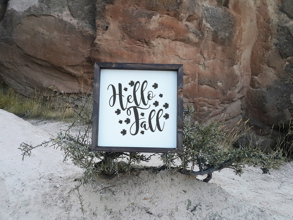 Hello Fall Script Leaves Autumn Farmhouse Wood Sign Wall Art - Image 3