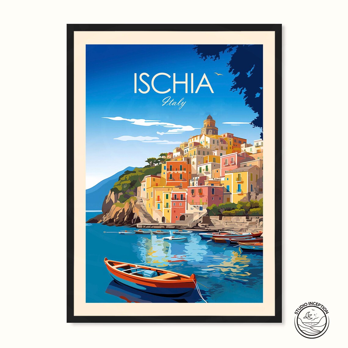 Ischia Italy Colorful Coastal Town Harbor Fishing Boat Poster