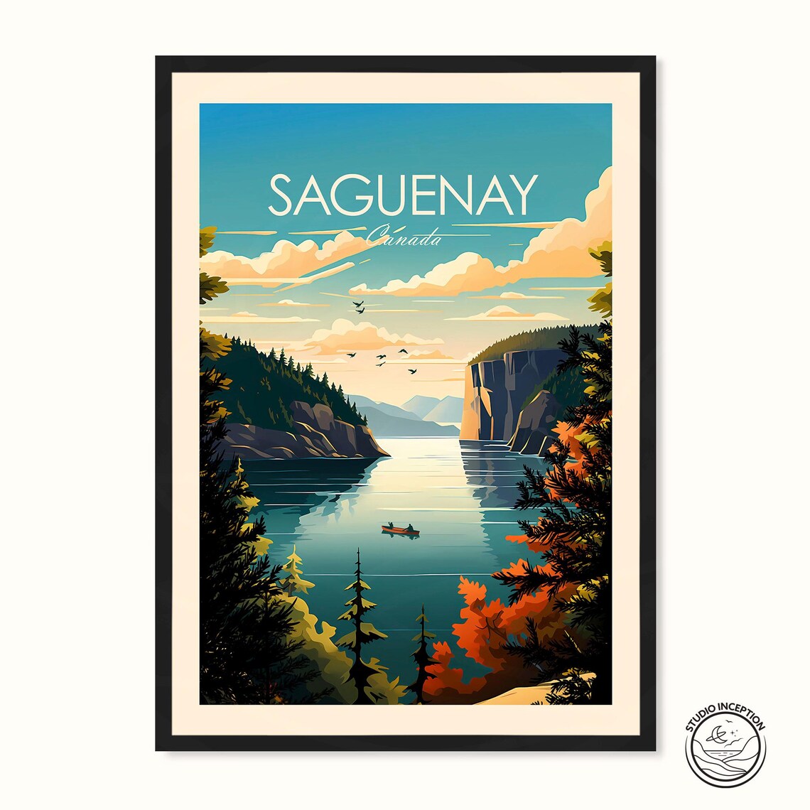 Saguenay Fjord Canada Canoe Cliff Autumn Wilderness Travel Poster