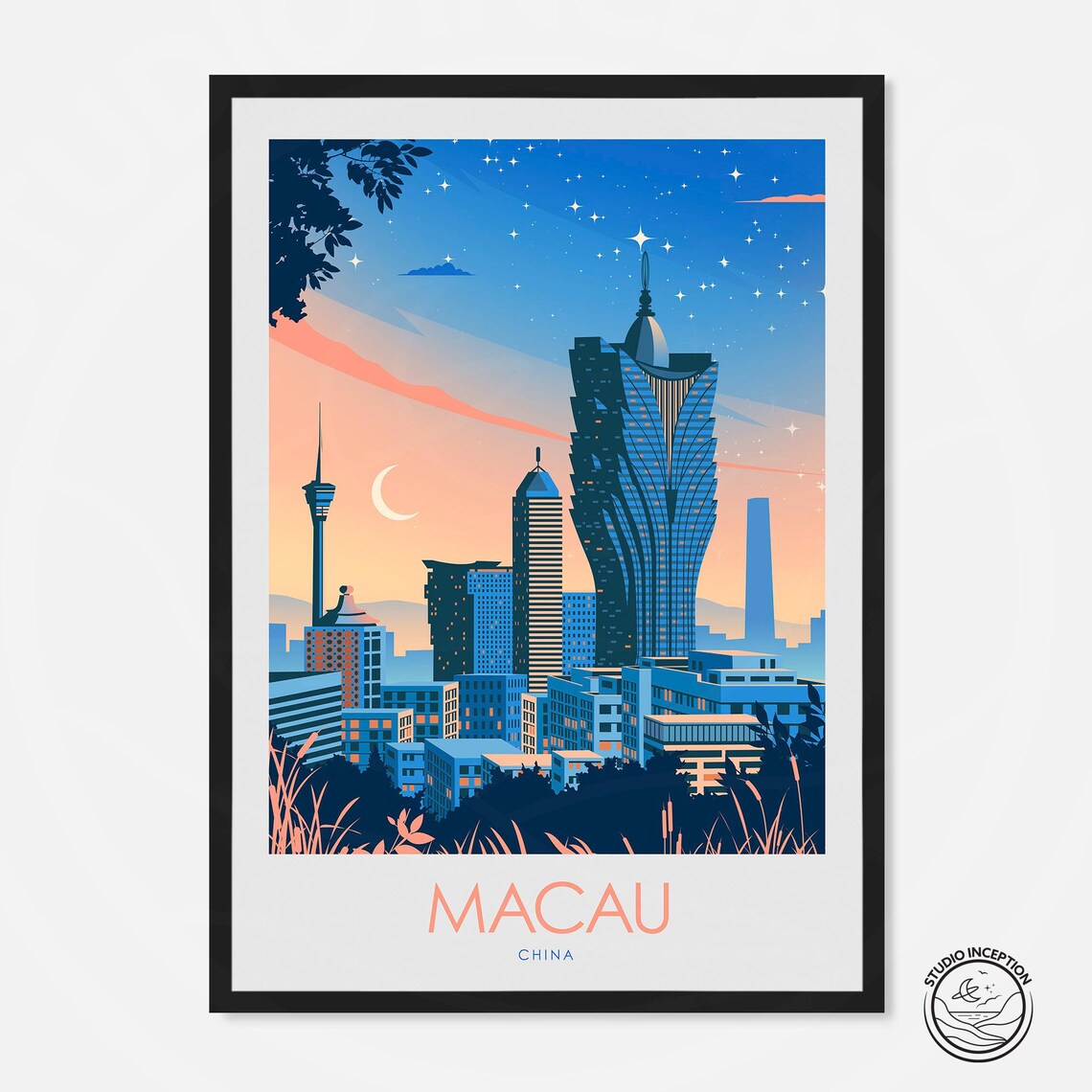 Macau China Night Skyline Grand Lisboa Vintage Travel Poster