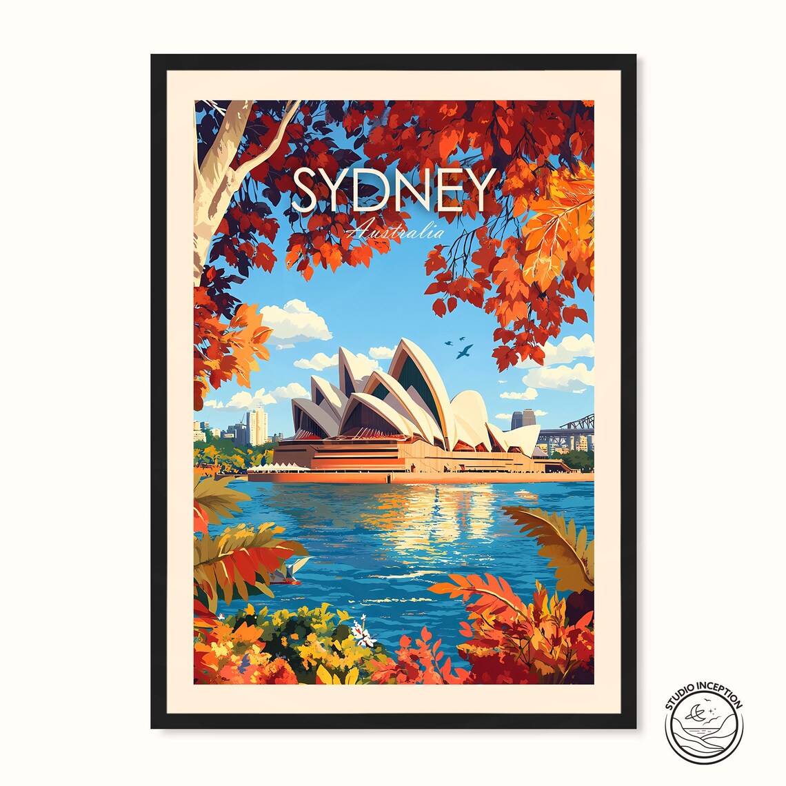 Sydney Opera House Harbour Golden Sunset Vintage Travel Poster