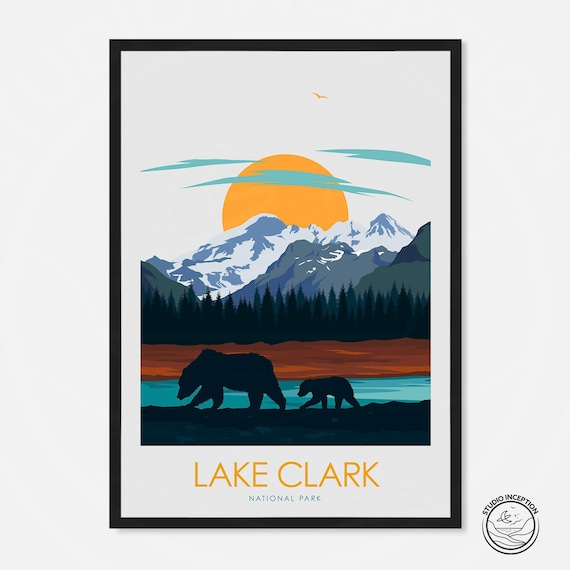 Lake Clark National Park Alaska Bears Peaks Vintage Travel Poster