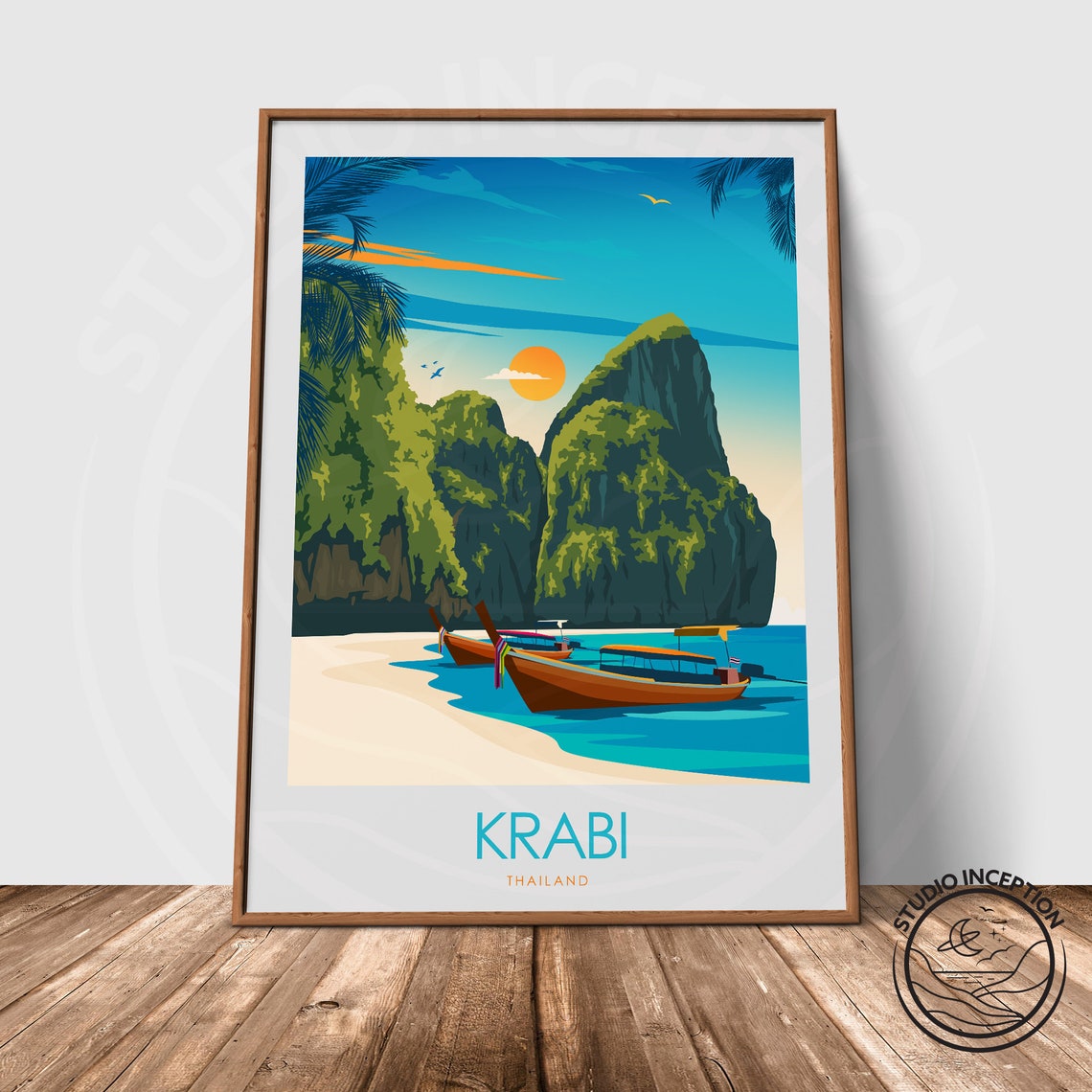 Krabi Thailand Limestone Cliffs Longtail Boats Beach Sunset Poster - Image 3