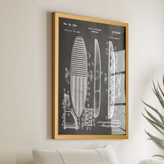1950 Surfboard Patent Print, Vintage Surfing Decor