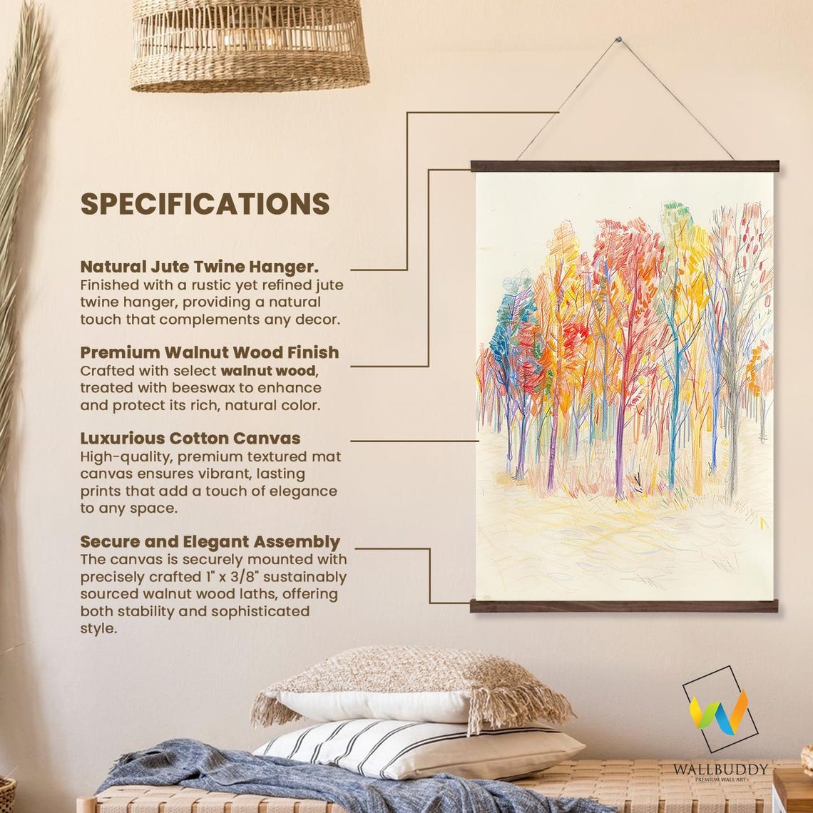 Abstract Forest Trees Wall Hanging Modern Drawing Forest Art Home Decor Printed On Premium With Real Walnut Wooden Hangers - Image 2