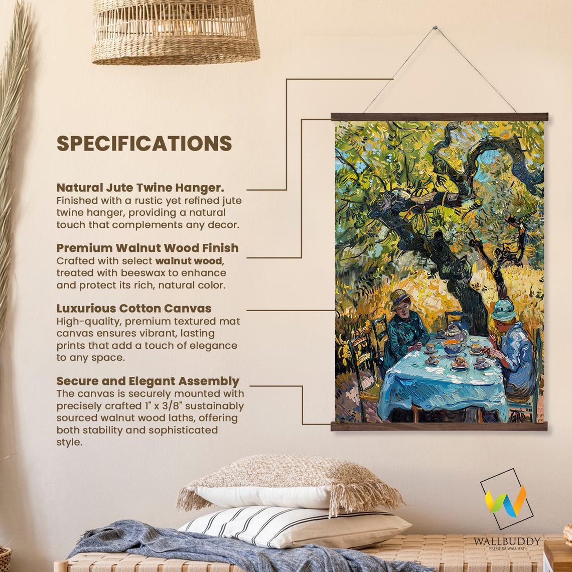 Tea Under The Olive Tree Wall Hanging Tea Garden Art For Rustic Home Decor Printed On Premium With Real Walnut Wooden Hangers - Image 2