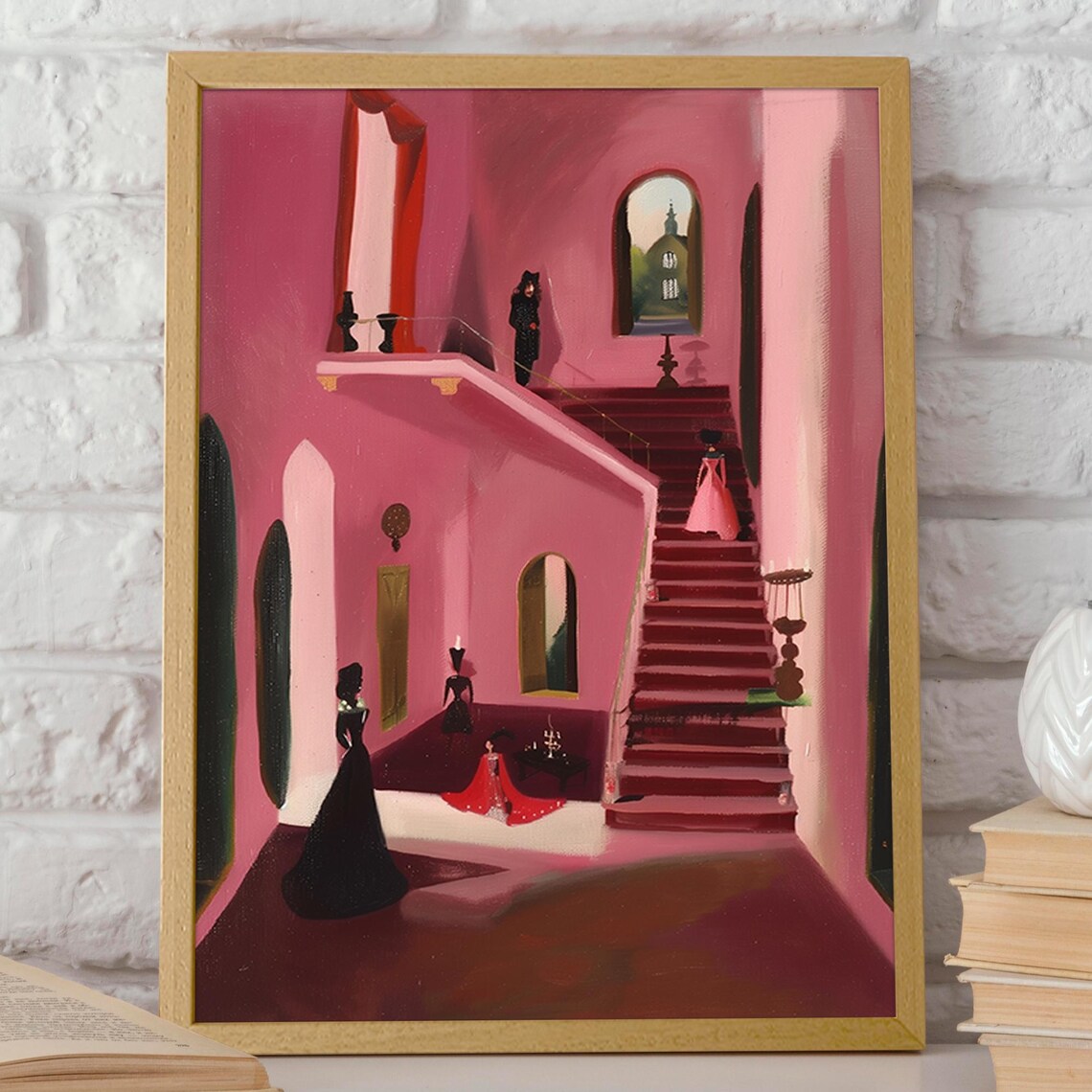 Pink Victorian Manor Grand Staircase Gowns Elegant Art Poster - Image 2