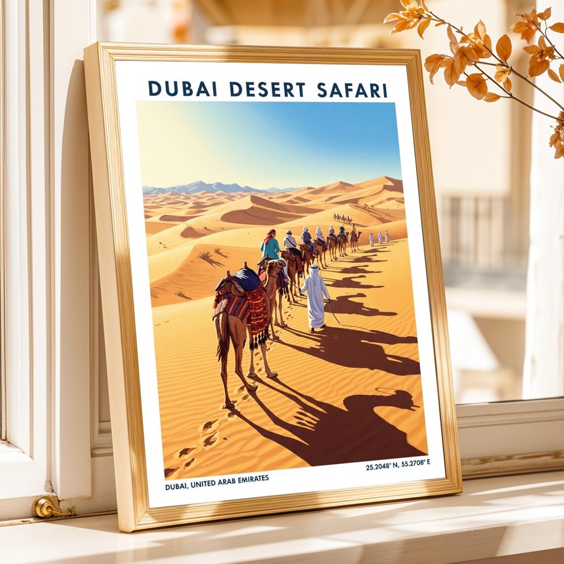 Dubai Desert Safari Camel Caravan Gouache Art Print