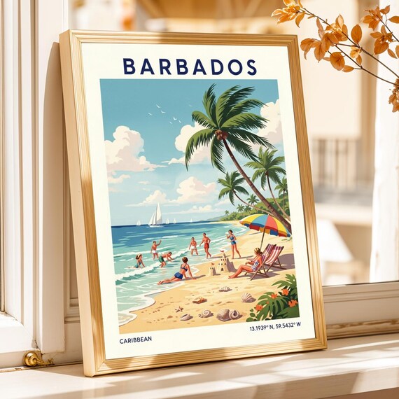 Barbados Caribbean Beach Scene Palm Trees Retro Vintage Travel Poster