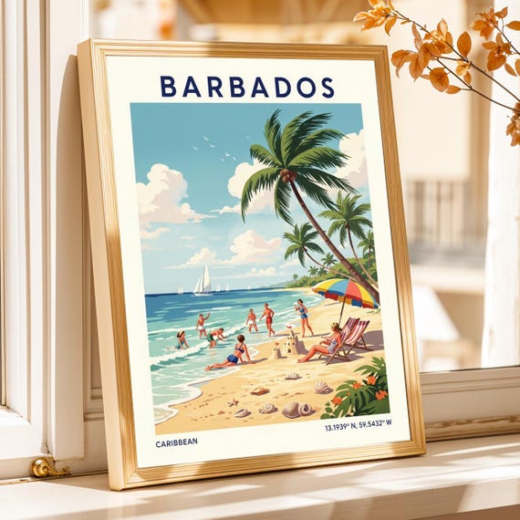 Vintage Barbados Travel Poster Retro Caribbean Beach Scene Art