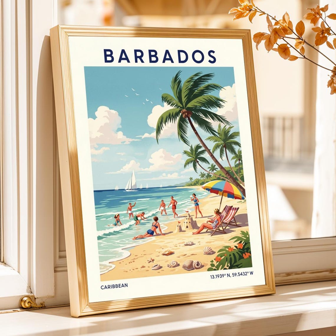 Barbados Caribbean Beach Scene Palm Trees Retro Vintage Travel Poster