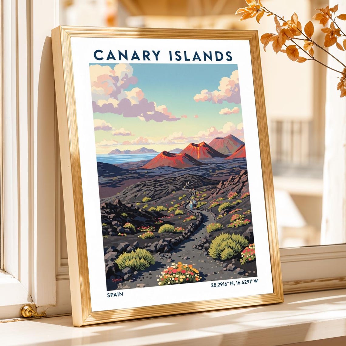 Canary Islands Spain Volcanic Landscape Vintage Travel Poster