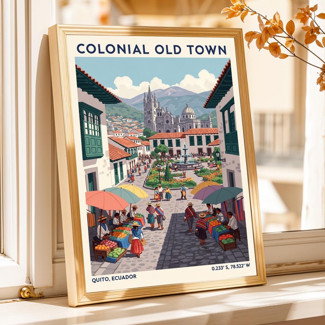 Colonial Old Town Quito Ecuador Market Plaza Vintage Travel Poster