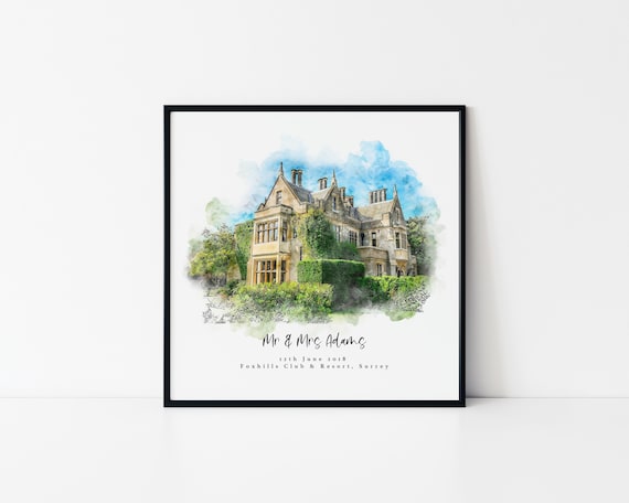 Watercolour Wedding Venue Sketch, Personalized Art Print