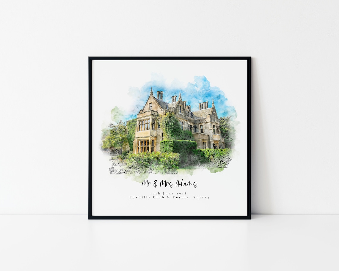Watercolour Wedding Venue Sketch, Personalized Art Print
