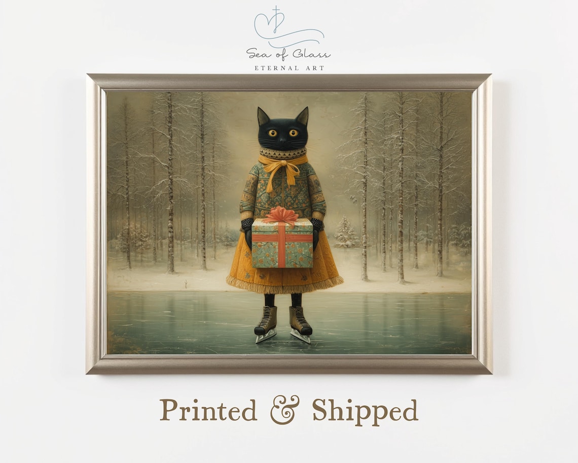 Black Cat With Gift Ice Skates Folk Winter Christmas Holiday Art Print