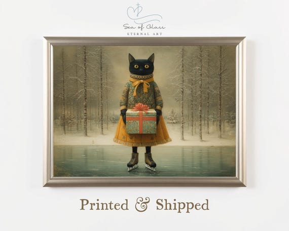 Black Cat With Gift Art Print Whimsical Winter Painting Holiday Illustration Primitive Christmas Wall Decor Snowy Ice Skating
