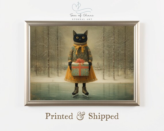 Black Cat With Gift Ice Skates Folk Winter Christmas Holiday Art Print