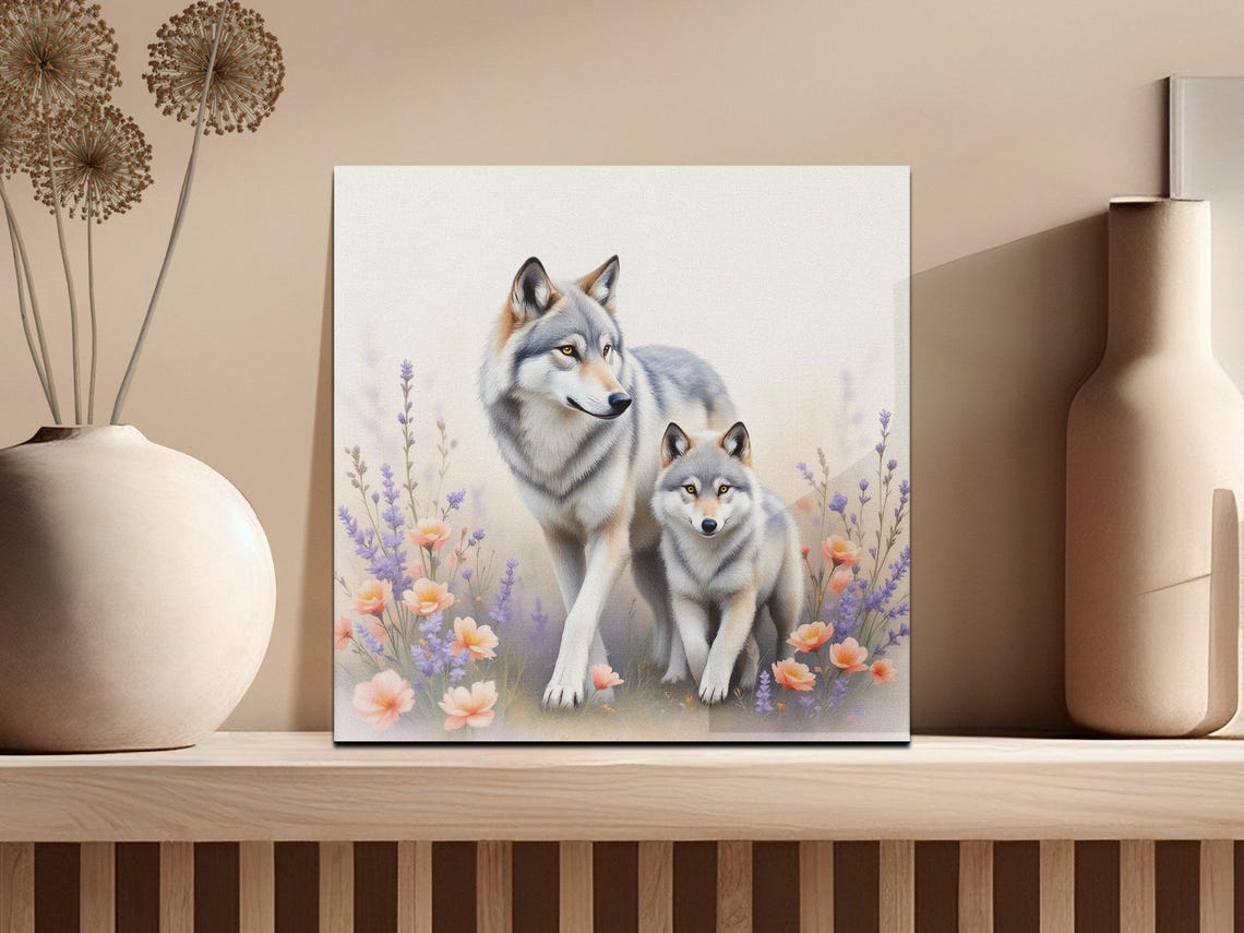 Wall Art Print Beautiful Wolf And Pup Watercolour Wall Art Wolf Family Floral Art Animal Art Print Wolf And Flowers Png - Image 2