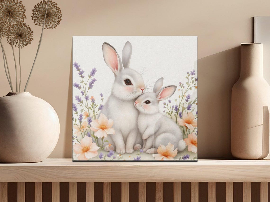 Two White Bunnies in Lavender Watercolor Nursery Animal Art Poster - Image 3