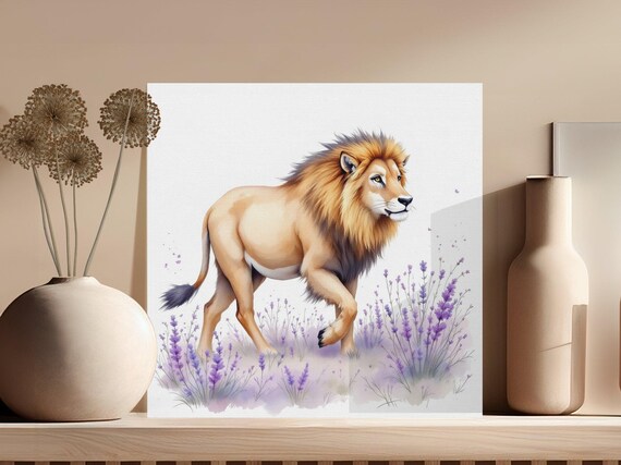 Majestic Lion Walking Through Lavender Watercolor Wildlife Poster