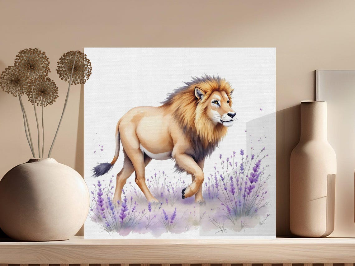 Majestic Lion Walking Through Lavender Watercolor Wildlife Poster
