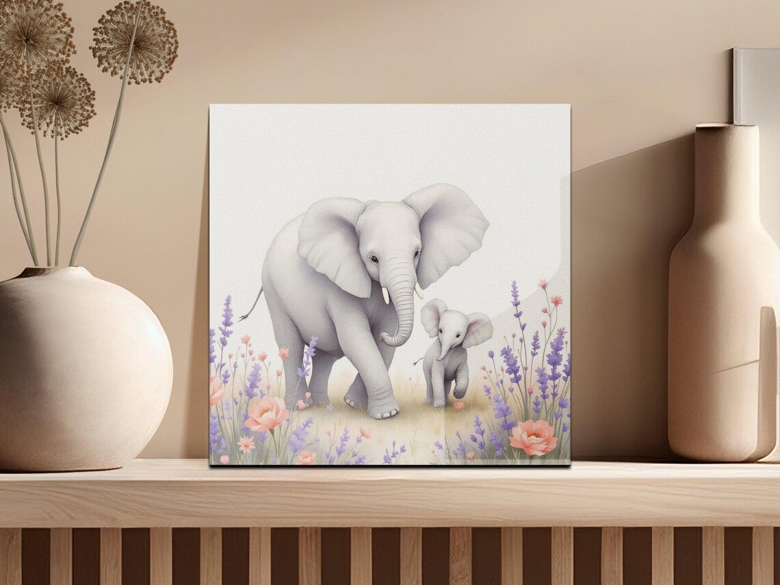 Mother Elephant and Baby Elephant in Wildflowers Watercolor Poster - Image 2