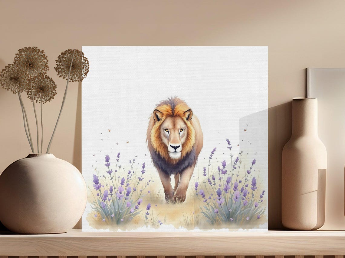Lion Walking Through Lavender Field Realistic Animal Art Poster