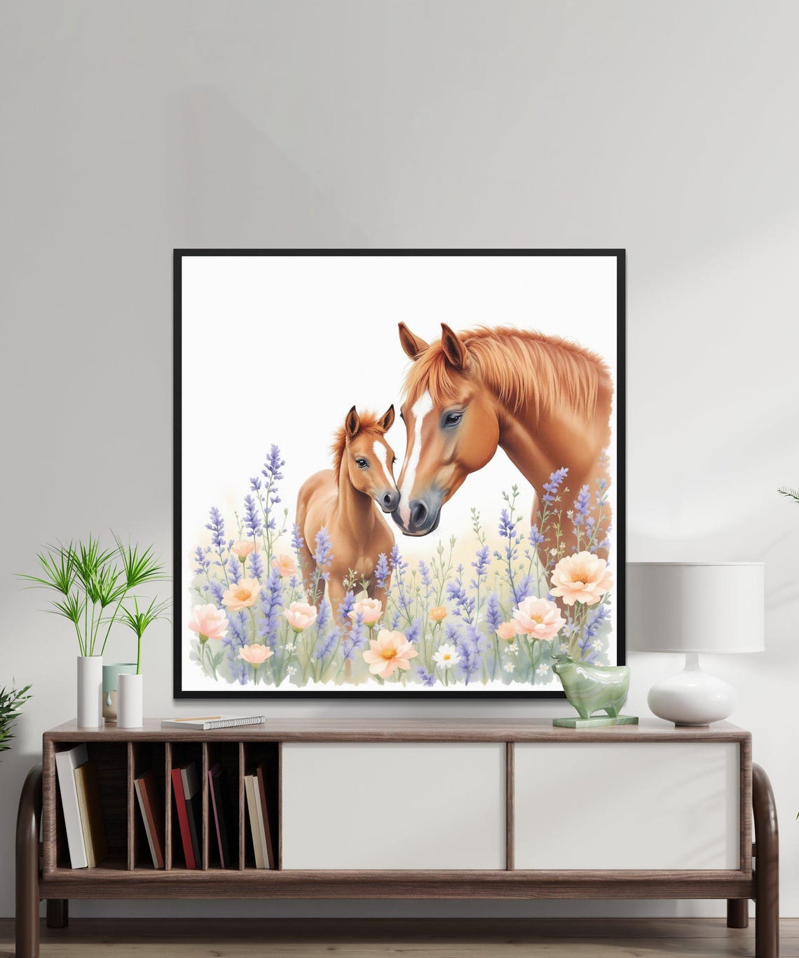 Horse and Foal Nuzzling in Wildflowers Watercolor Nursery Poster