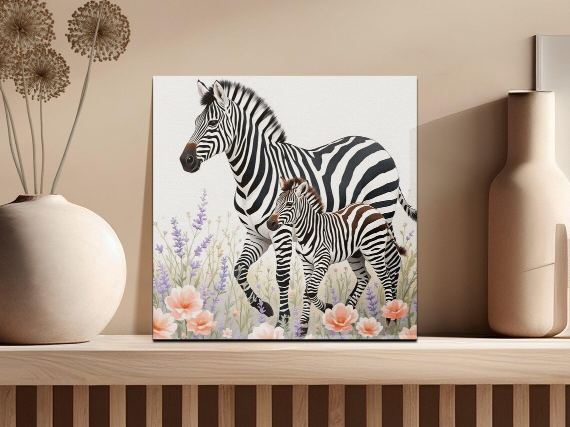 Zebra and Baby Zebra in Lavender Watercolor Nursery Animal Poster - Image 3