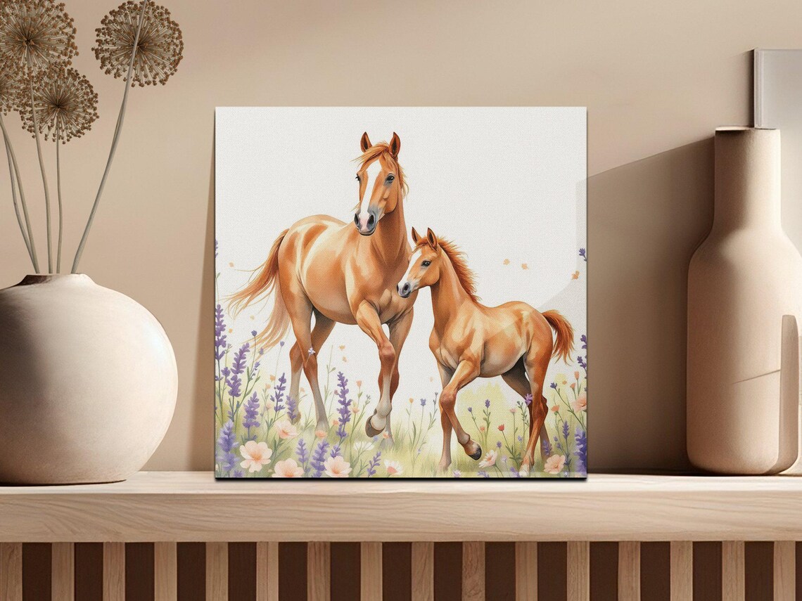 Horse and Foal in a Lavender Wildflower Meadow Watercolor Poster - Image 2