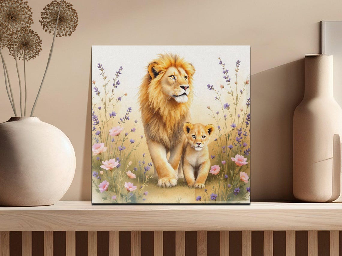 Lion and Cub Standing in Wildflowers Watercolor Nursery Art Poster - Image 2