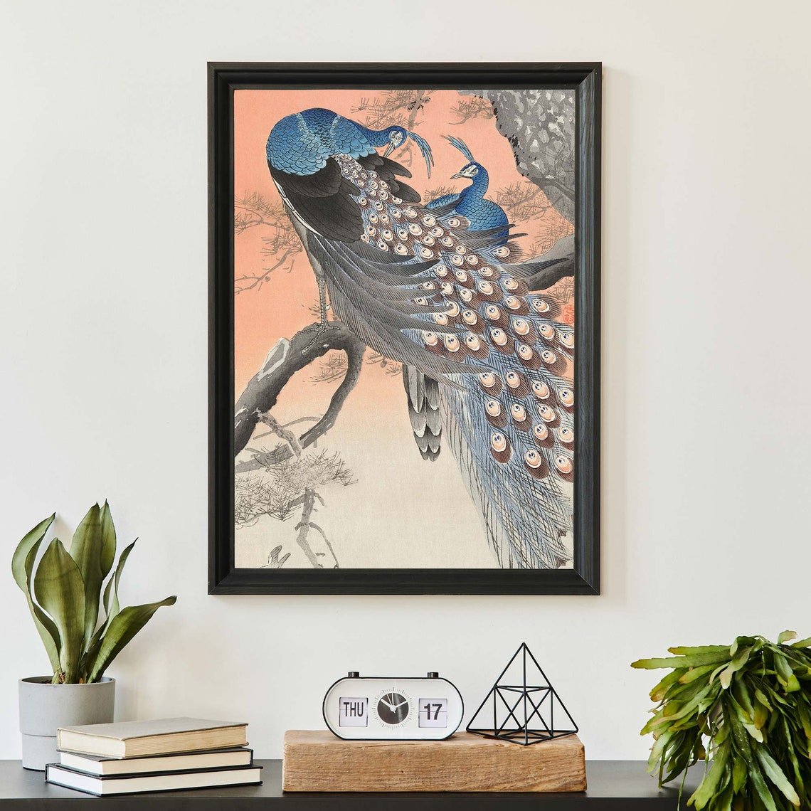 Ohara Koson Two Peacocks Perched On Pine Branch Pink Sky Poster - Image 3