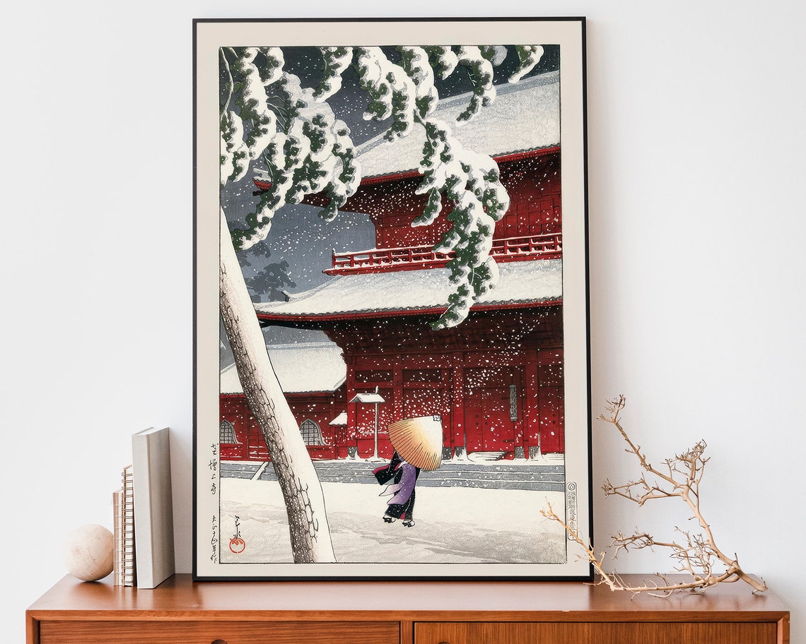 Japanese Red Pagoda Snow Winter Woodblock Style Snowfall Poster