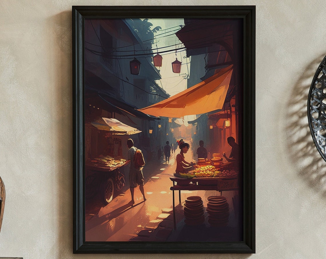 Bangkok Thailand Night Street Food Market Lantern Travel Poster