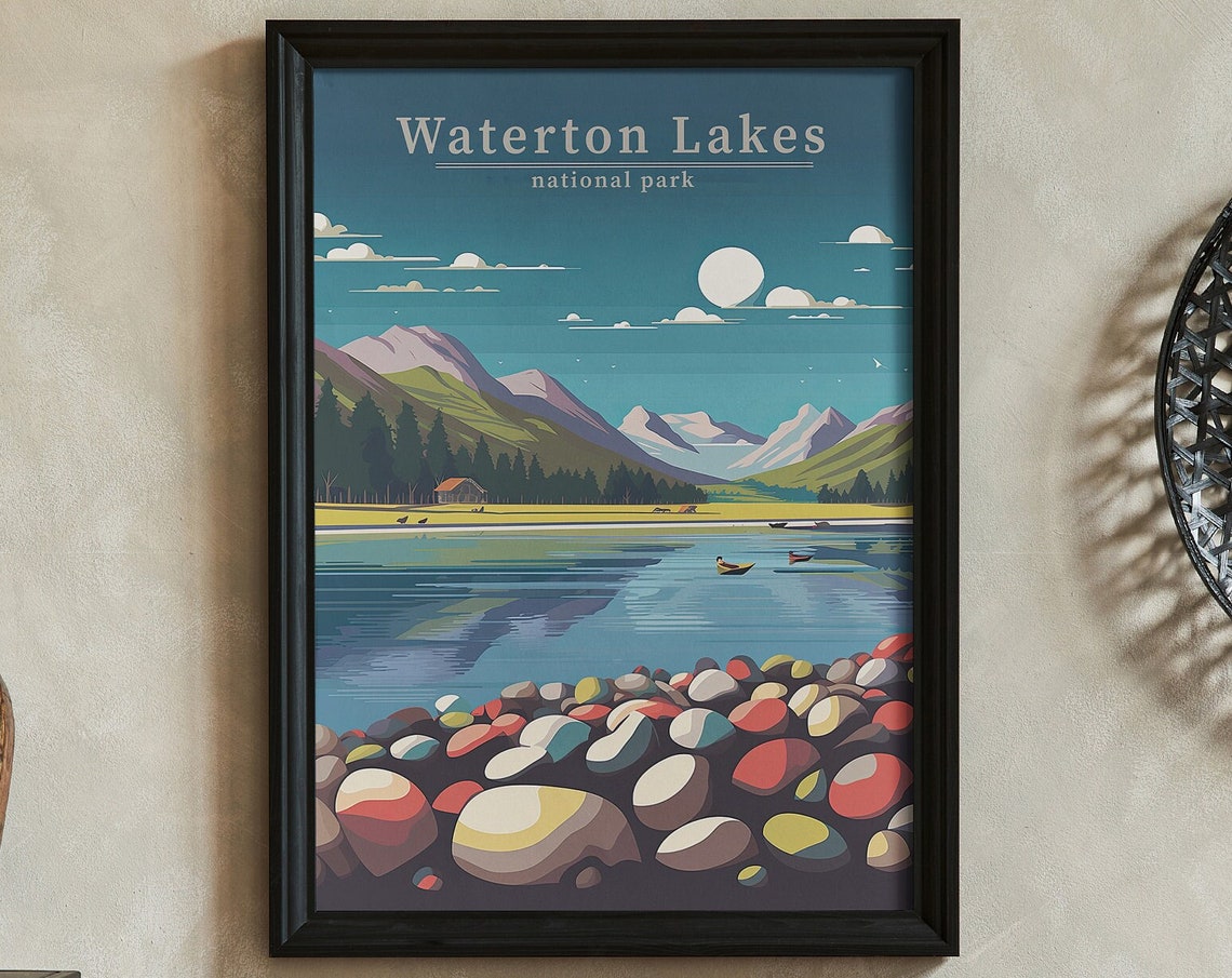 Waterton Lakes Pebble Beach Canoe Retro Canada Travel Poster