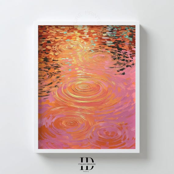 Pink Orange Abstract Water Art Impressionist Ripple Painting Colorful Reflections Print Modern Wall Decor For Living Room