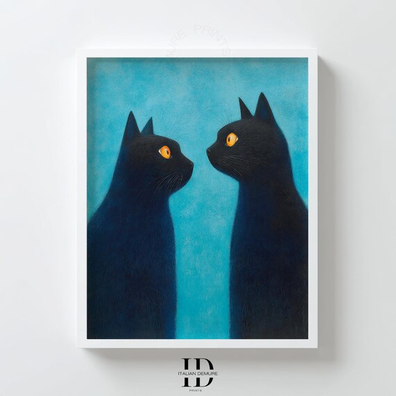 Black Cat Wall Art Twin Cats Illustration Print Minimalist Feline Poster Teal Blue Background Modern Animal Decor