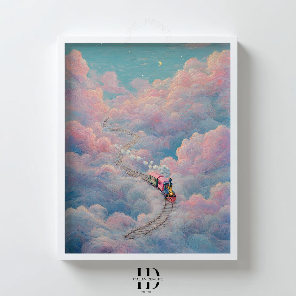 Surreal Dreamy Train Riding Pink Cloud Sky Fantasy Whimsical Art Poster